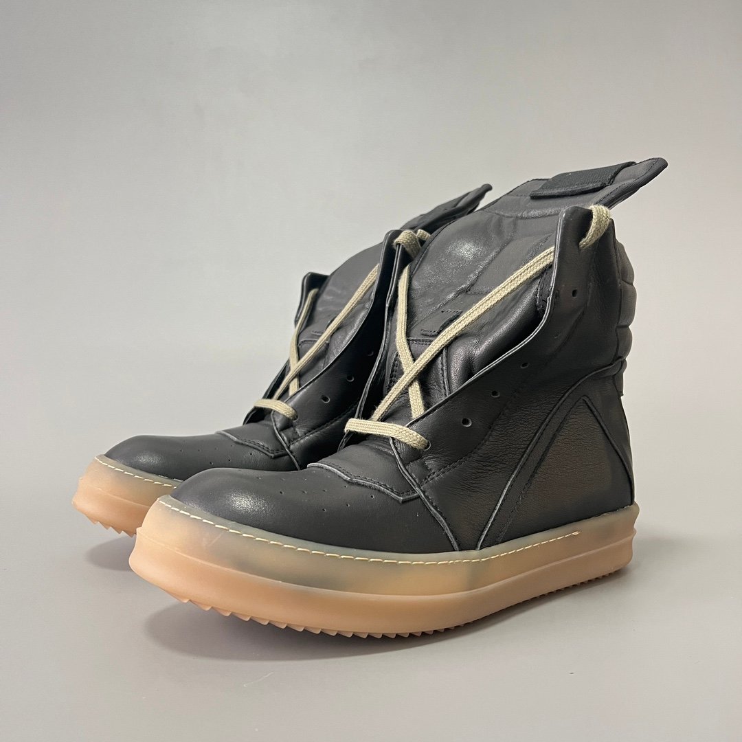 Aurora Custom Rick Owens Mainline Geobasket - Matte Black Leather & Translucent Amber Gum Sole (1:1 Deconstructed)