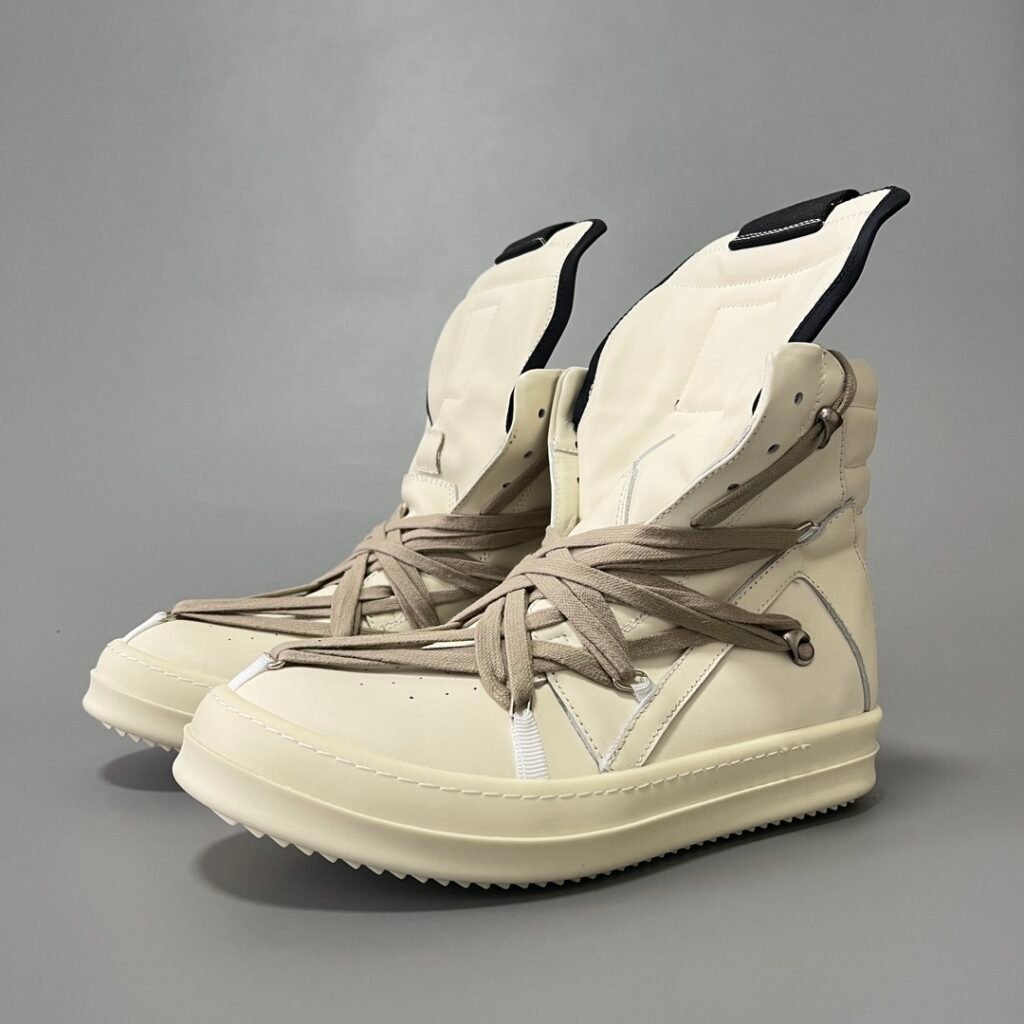 Aurora Custom Rick Owens Mainline Geobasket "Megalace" - Milk White Leather with Dust Laces (1:1 Deconstructed)