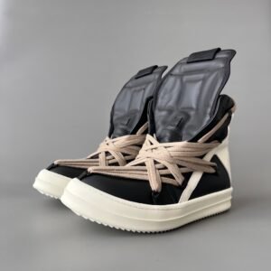 Aurora Custom Rick Owens Mainline Geobasket "Megalace" Hexagram - Classic Black & Milk Leather with Dust Cords (1:1 Deconstructed)