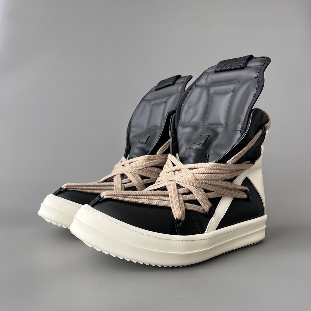 Aurora Custom Rick Owens Mainline Geobasket "Megalace" Hexagram - Classic Black & Milk Leather with Dust Cords (1:1 Deconstructed)