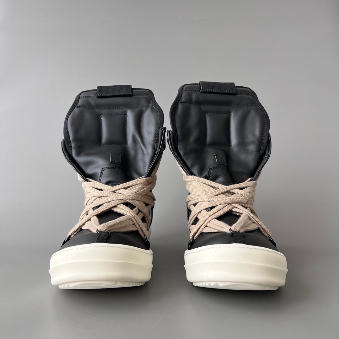 Aurora Custom Rick Owens Mainline Geobasket "Megalace" Hexagram - Classic Black & Milk Leather with Dust Cords (1:1 Deconstructed) - Image 2