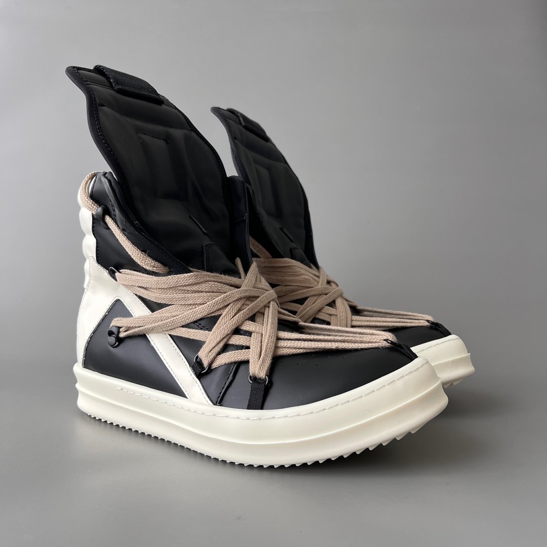 Aurora Custom Rick Owens Mainline Geobasket "Megalace" Hexagram - Classic Black & Milk Leather with Dust Cords (1:1 Deconstructed) - Image 3