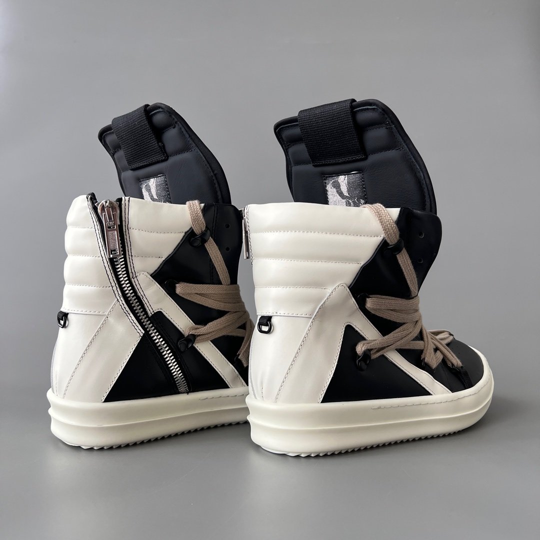 Aurora Custom Rick Owens Mainline Geobasket "Megalace" Hexagram - Classic Black & Milk Leather with Dust Cords (1:1 Deconstructed) - Image 4