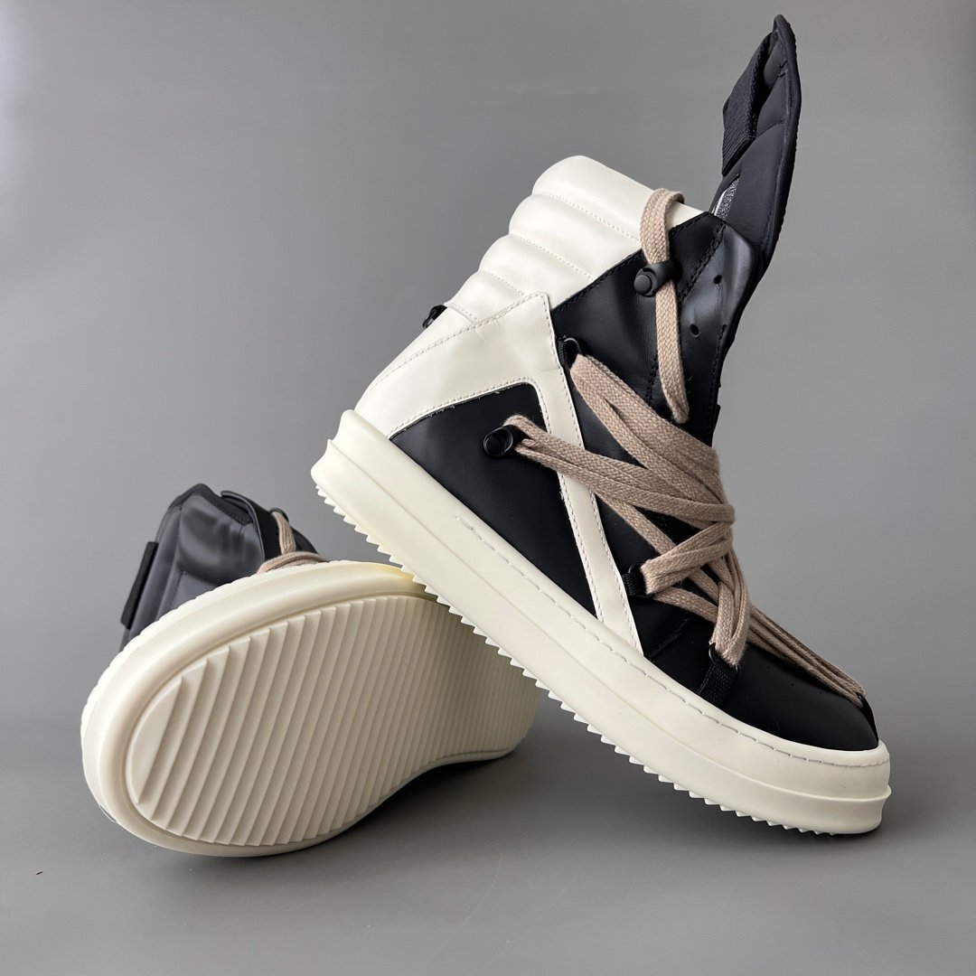 Aurora Custom Rick Owens Mainline Geobasket "Megalace" Hexagram - Classic Black & Milk Leather with Dust Cords (1:1 Deconstructed) - Image 7