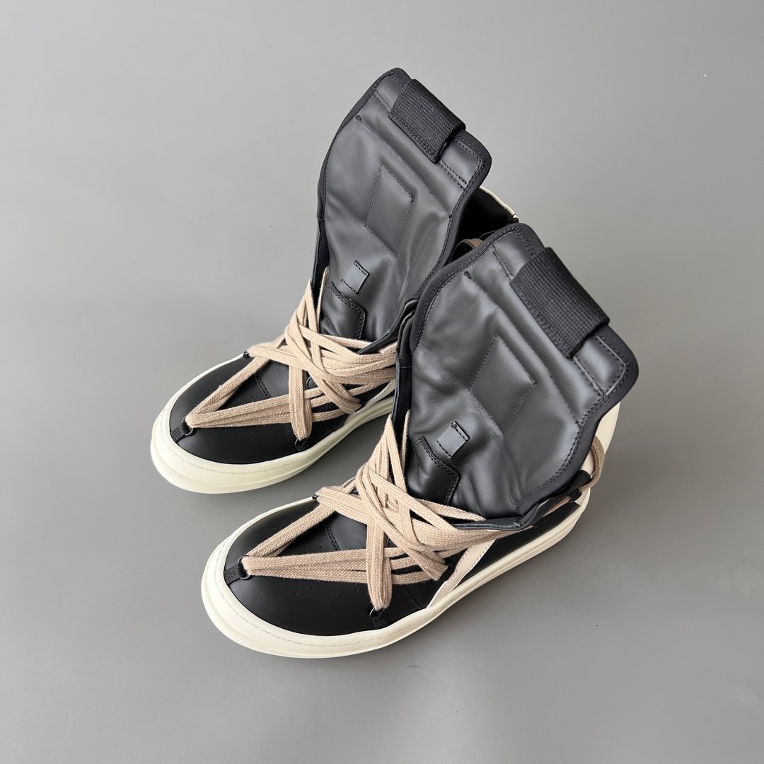 Aurora Custom Rick Owens Mainline Geobasket "Megalace" Hexagram - Classic Black & Milk Leather with Dust Cords (1:1 Deconstructed) - Image 8