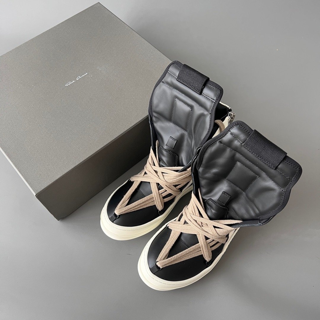 Aurora Custom Rick Owens Mainline Geobasket "Megalace" Hexagram - Classic Black & Milk Leather with Dust Cords (1:1 Deconstructed) - Image 9