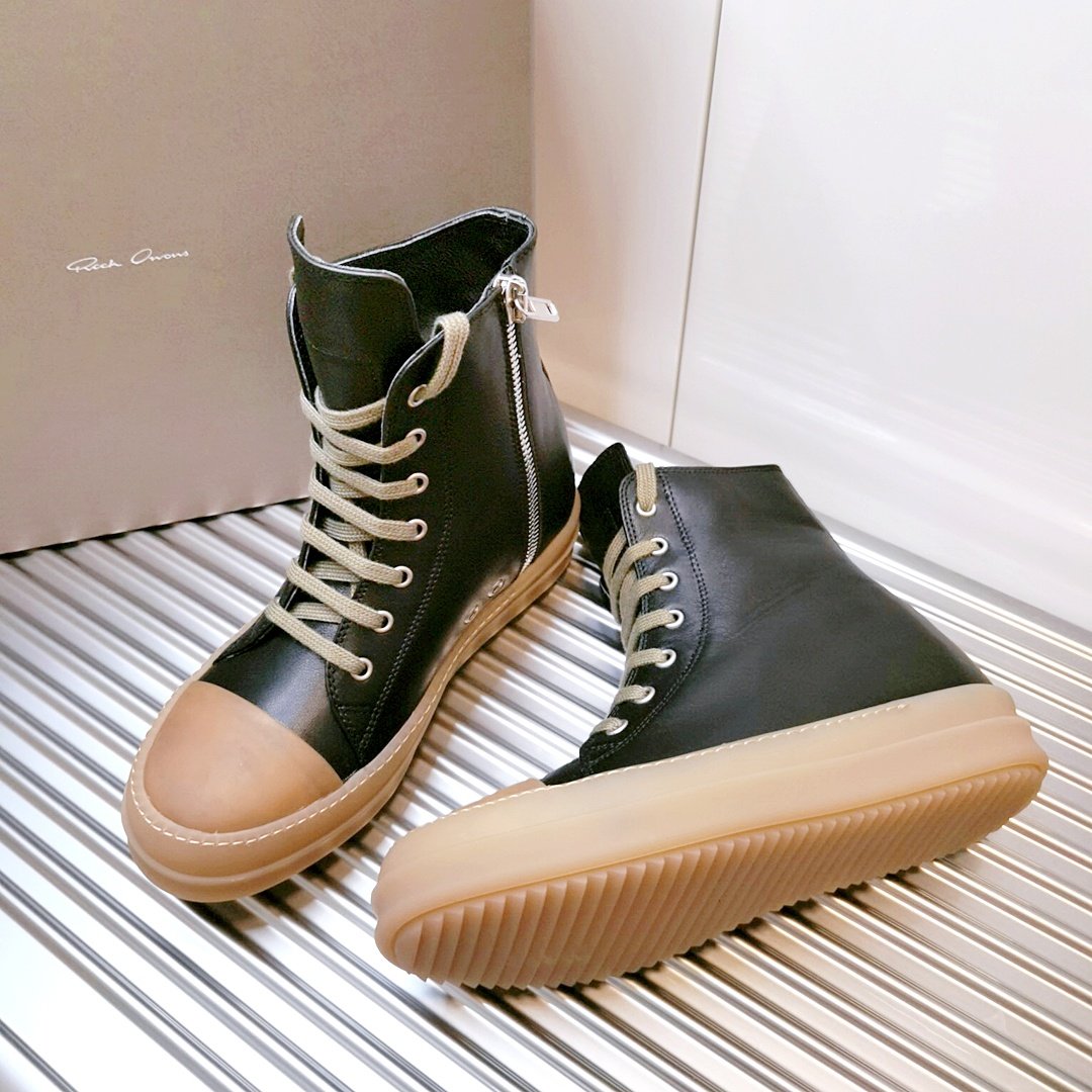 Aurora Custom Rick Owens Mainline High-Top - Black Smooth Leather & Translucent Amber Gum Sole (1:1 Deconstructed) - Image 3