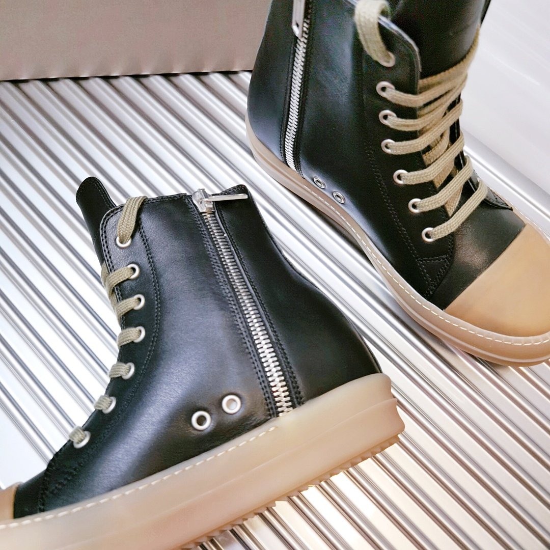 Aurora Custom Rick Owens Mainline High-Top - Black Smooth Leather & Translucent Amber Gum Sole (1:1 Deconstructed) - Image 8