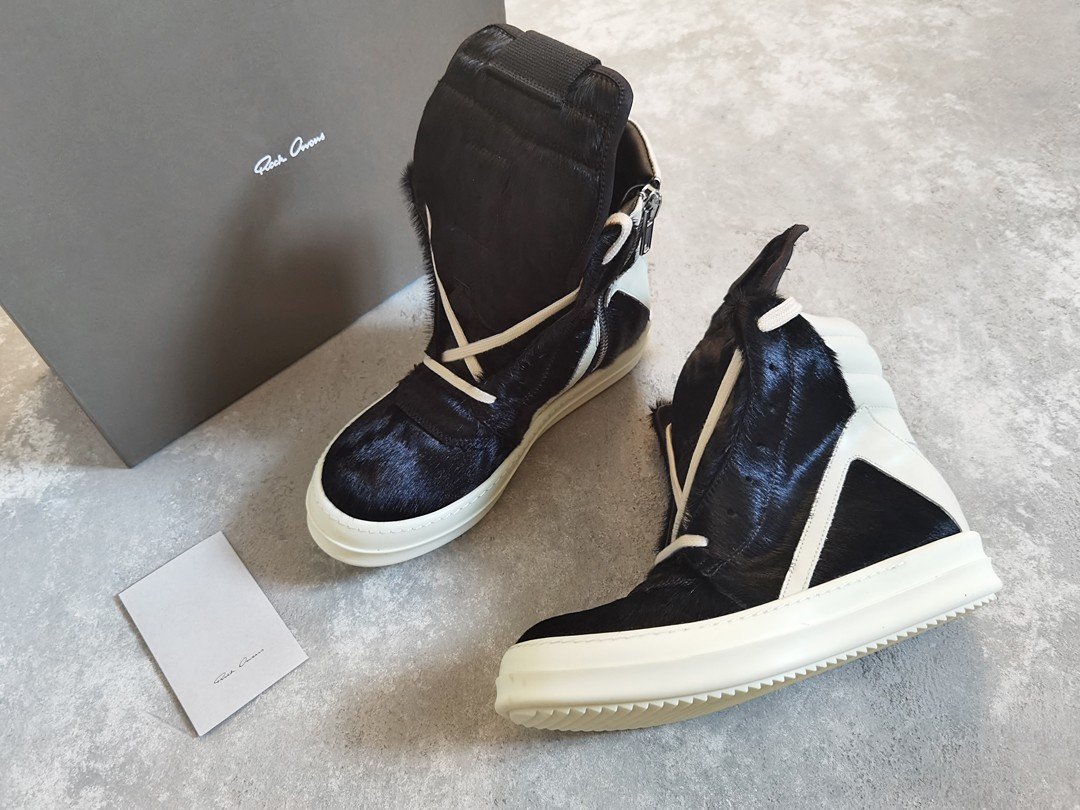 Aurora Custom Rick Owens Mainline Geobasket - Black Pony Hair & Milk Leather (Full Boutique Packaging Set Edition)