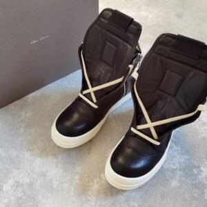 Aurora Custom Rick Owens Mainline Geobasket - Stealth Black-on-Black Leather with Milk Sole (Full Boutique Packaging Set Edition)