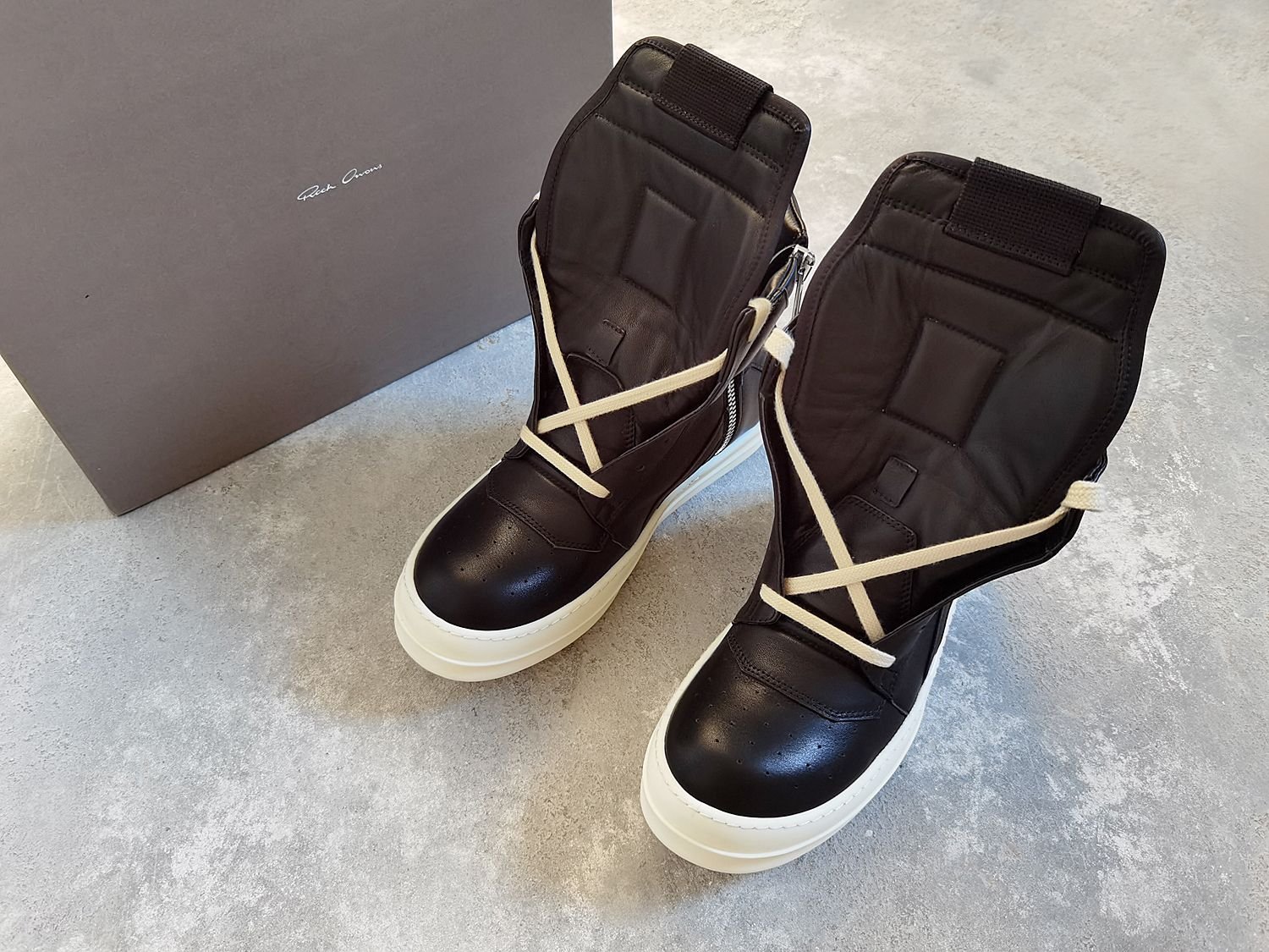 Aurora Custom Rick Owens Mainline Geobasket - Stealth Black-on-Black Leather with Milk Sole (Full Boutique Packaging Set Edition)