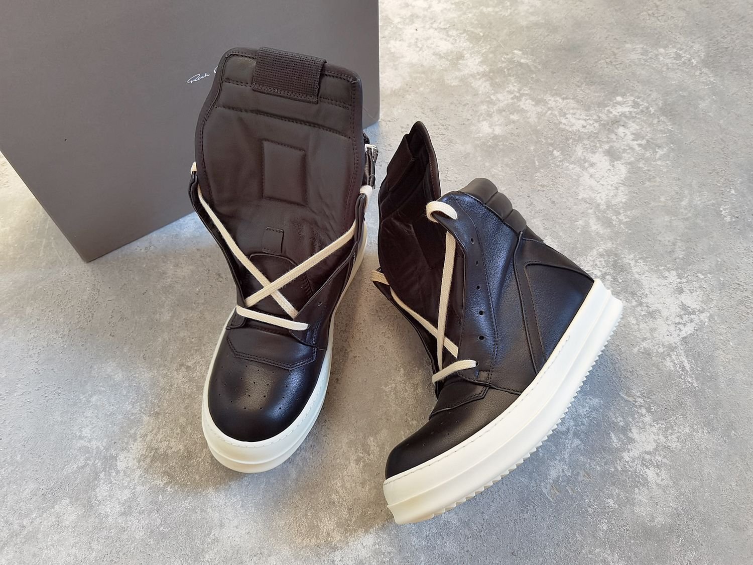 Aurora Custom Rick Owens Mainline Geobasket - Stealth Black-on-Black Leather with Milk Sole (Full Boutique Packaging Set Edition) - Image 2