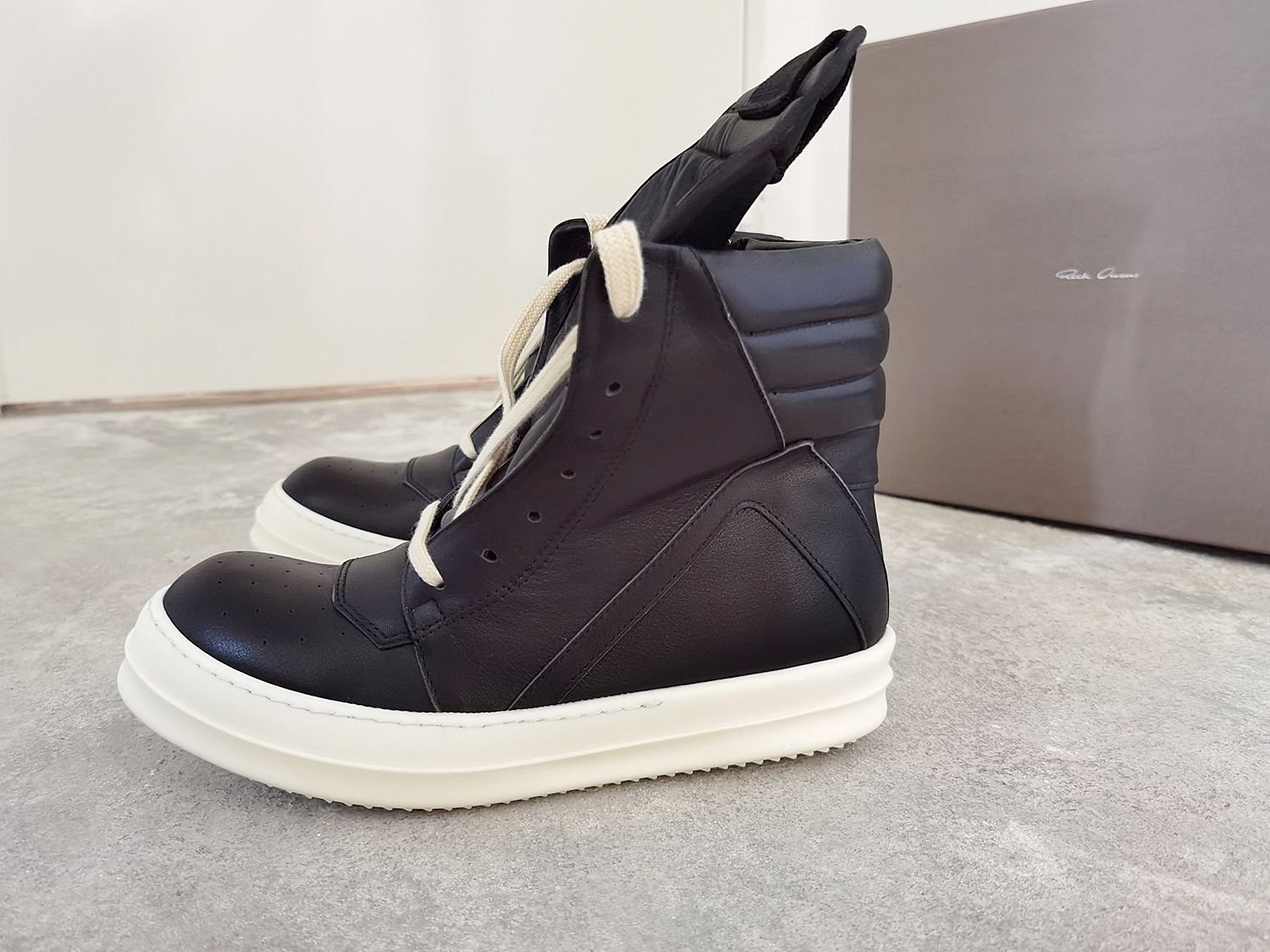 Aurora Custom Rick Owens Mainline Geobasket - Stealth Black-on-Black Leather with Milk Sole (Full Boutique Packaging Set Edition) - Image 3