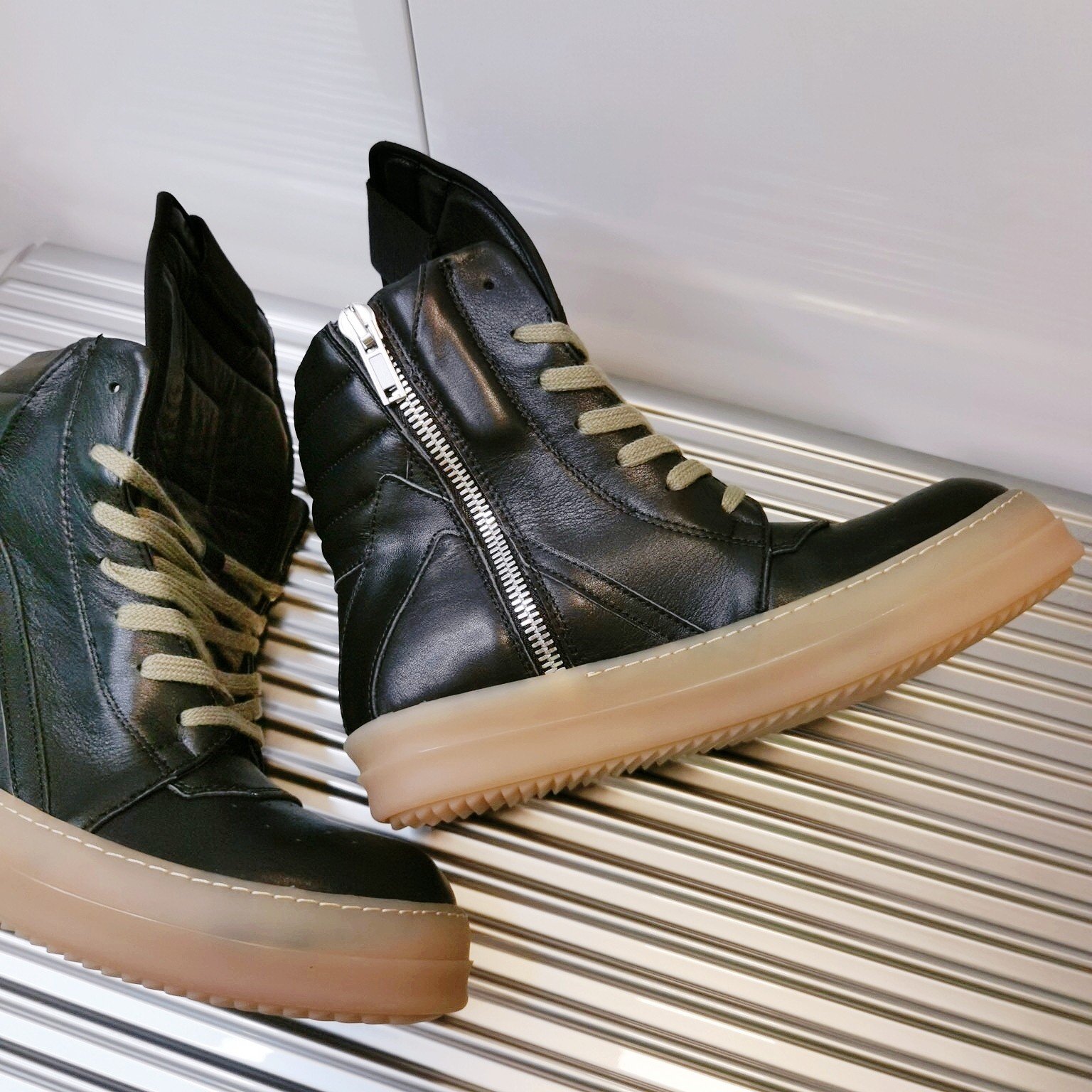 Aurora Custom Rick Owens Mainline Geobasket - Matte Black Leather & Translucent Amber Gum Sole (Bespoke Studio Metal Showcase Edition) - Image 4