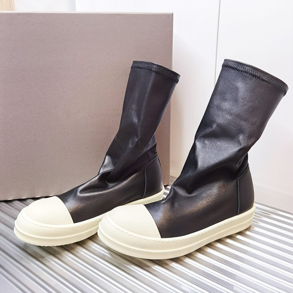 Aurora Custom Rick Owens Mainline Stretch Lambskin Sock Boot - Core Black & Milk Sole (Full Boutique Packaging Set Edition)
