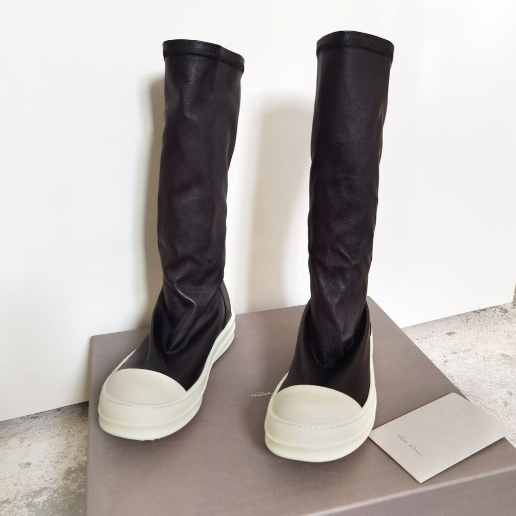 Aurora Custom Rick Owens Mainline High-Calf Stretch Lambskin Sock Boots - Core Black & Milk Sole (1:1 Deconstructed Edition)