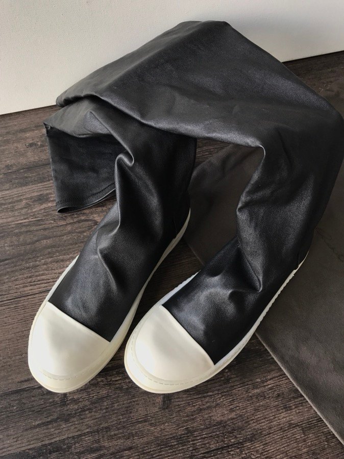 Aurora Custom Rick Owens Mainline Thigh-High Over-the-Knee Stretch Lambskin Sock Boots - Core Black & Milk Sole (1:1 Deconstructed Edition) - Image 3