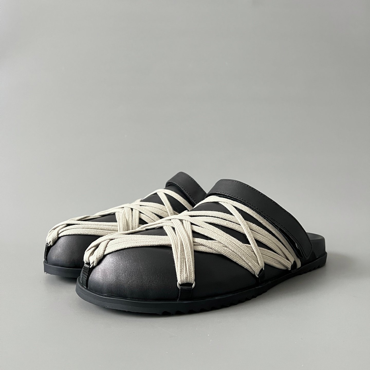 Aurora Custom Rick Owens Mainline Leather Megalace Sabot Clogs - Black Calfskin with Cream Megalace (1:1 Deconstructed)