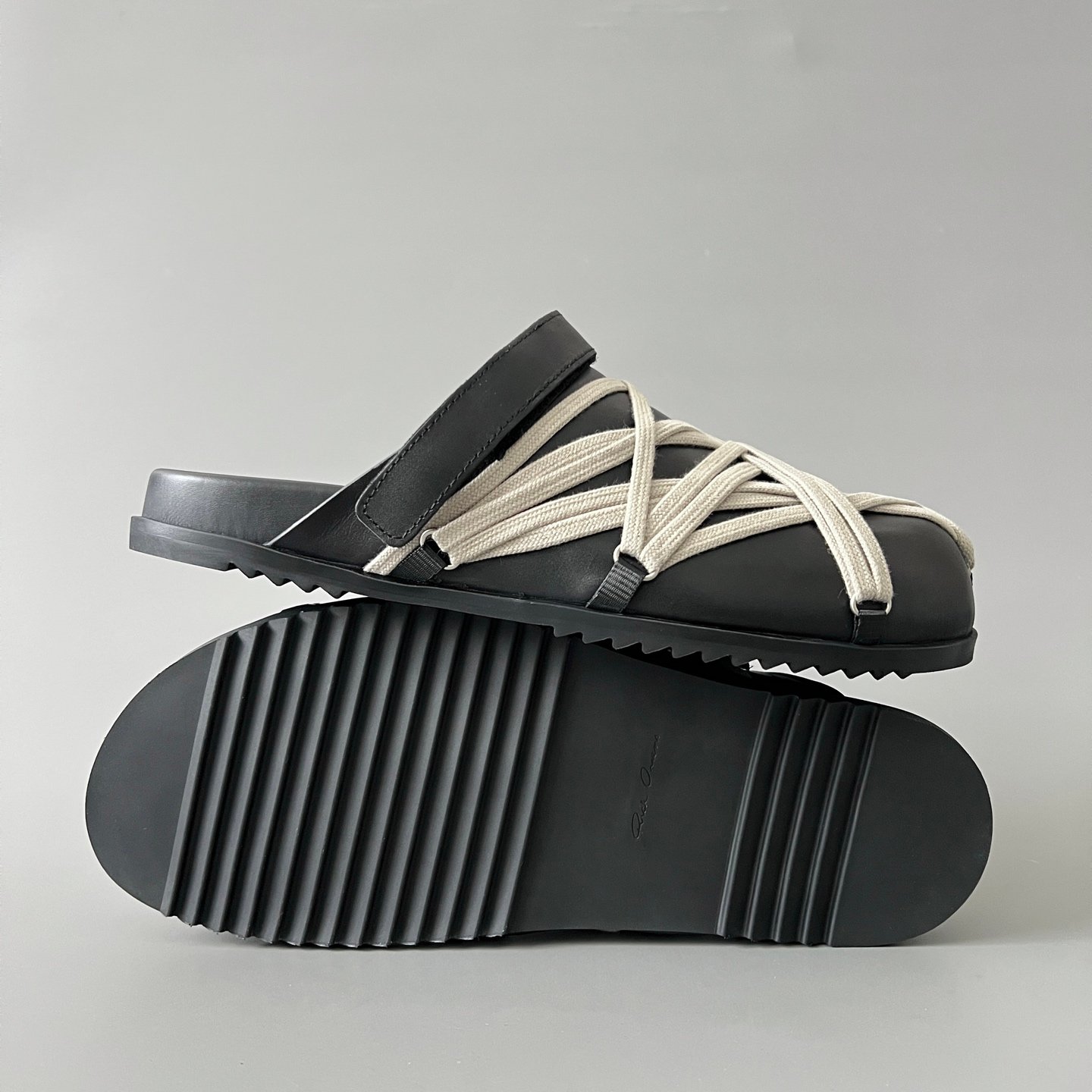 Aurora Custom Rick Owens Mainline Leather Megalace Sabot Clogs - Black Calfskin with Cream Megalace (1:1 Deconstructed) - Image 6