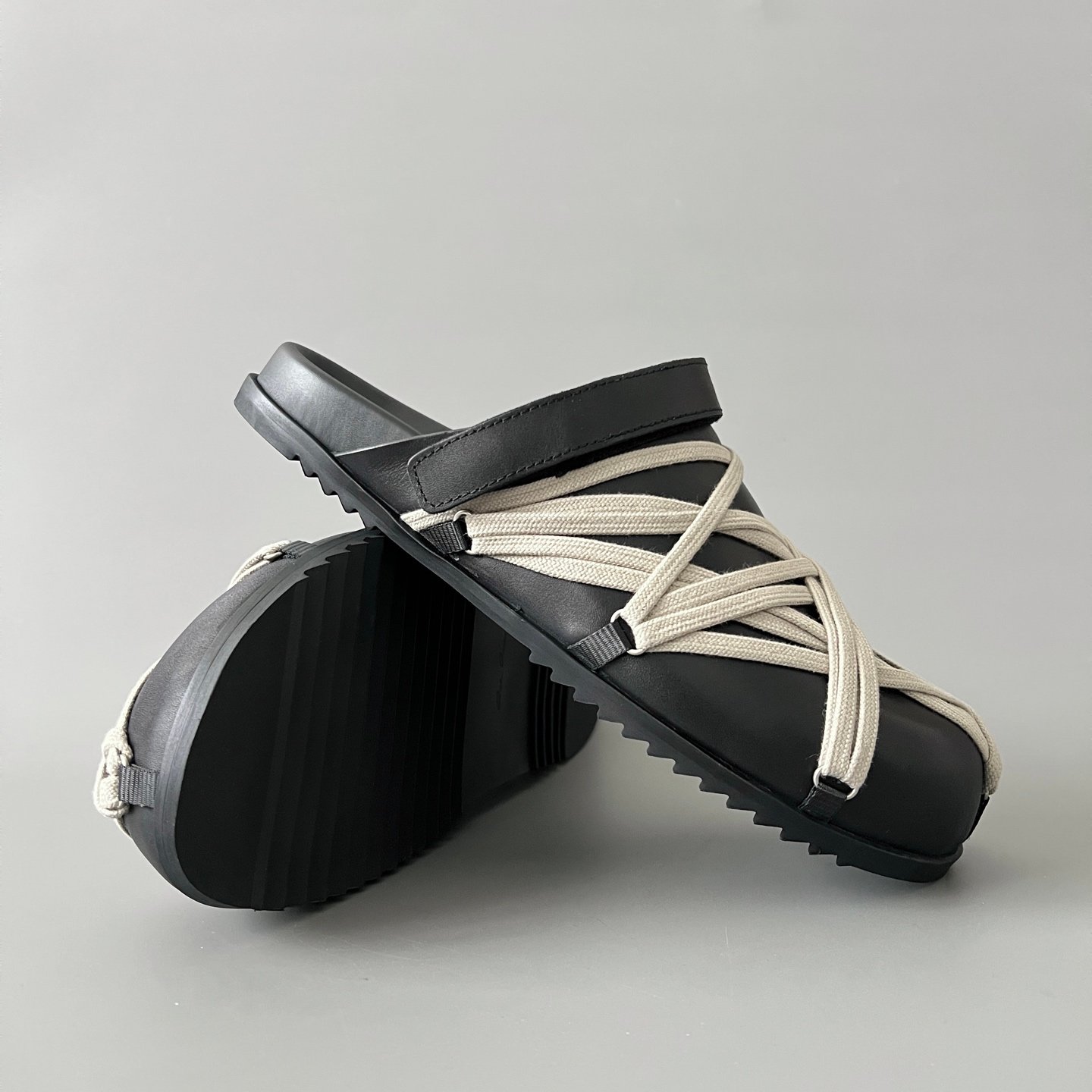 Aurora Custom Rick Owens Mainline Leather Megalace Sabot Clogs - Black Calfskin with Cream Megalace (1:1 Deconstructed) - Image 7