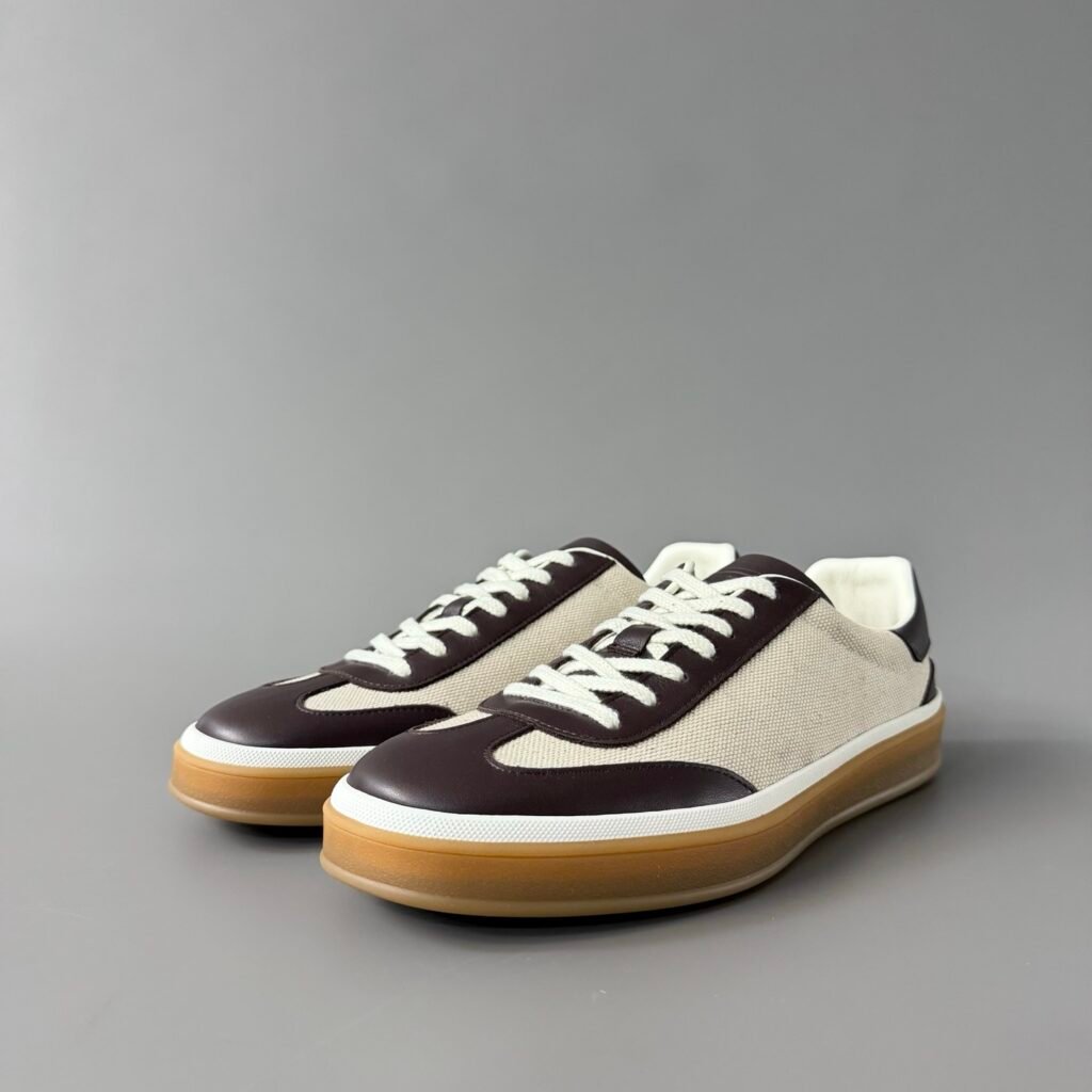 Aurora Custom Loro Piana Classic Play Low-Top Sneaker - Off-White Canvas & Espresso Brown Leather with Transparent Gum Outsole (Unisex Edition)