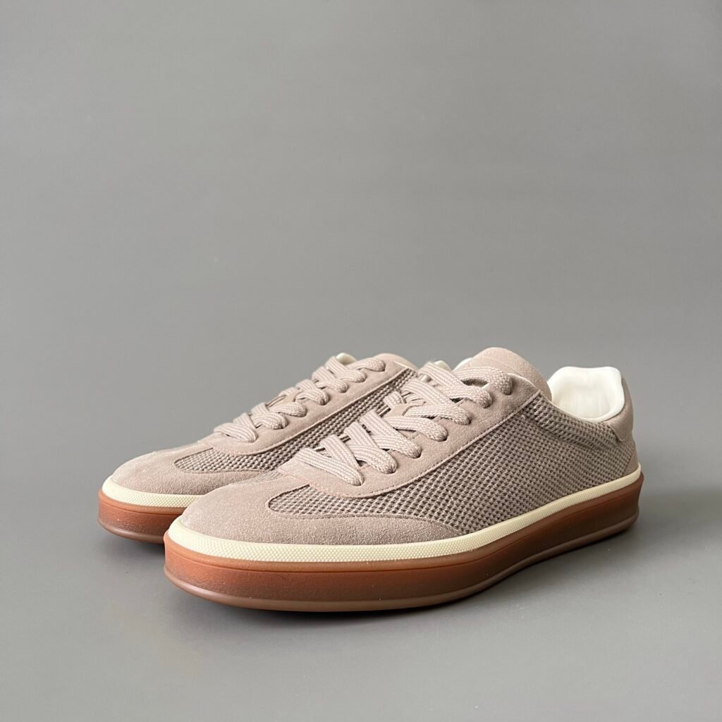 Aurora Custom Loro Piana Classic Play Low-Top Sneaker - Desert Mist Technical Knit & Taupe Suede