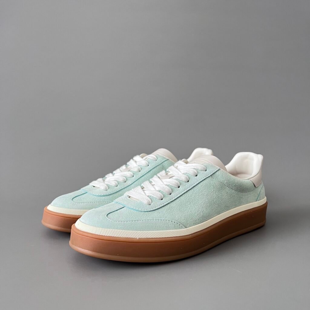Aurora Custom Loro Piana Classic Play Low-Top Sneaker - Mint Sage Green Suede with Transparent Gum Outsole (Unisex Edition)
