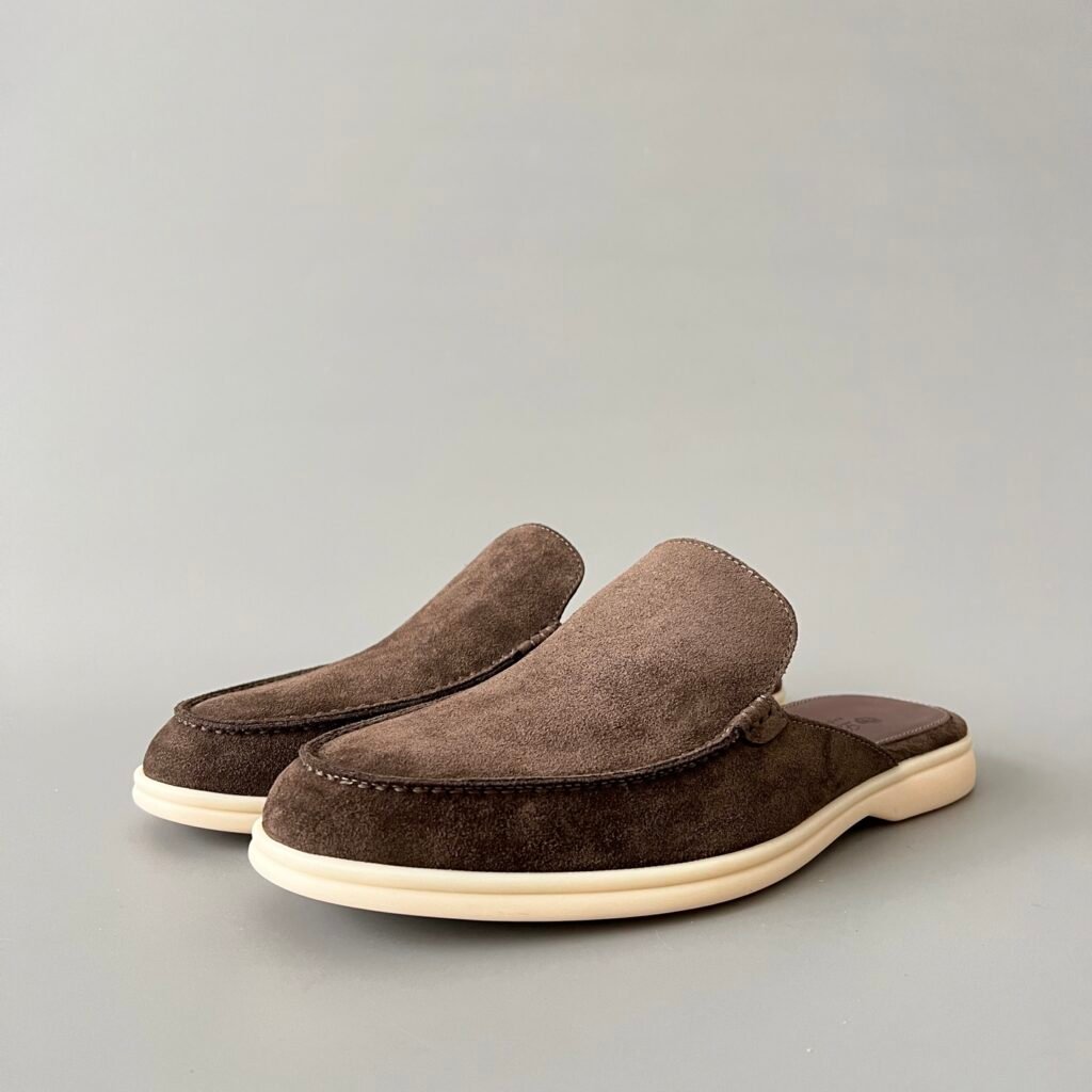 Aurora Custom Loro Piana Mainline Summer Walk Backless Loafer Mule - Premium Espresso Brown Suede & Iconic White Rubber Sole Edition