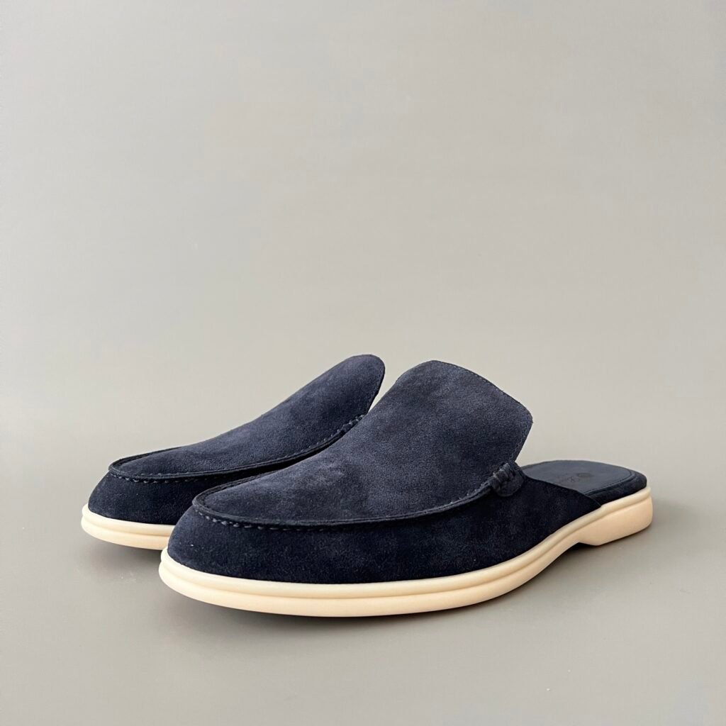 Aurora Custom Loro Piana Mainline Summer Walk Backless Loafer Mule - Premium Deep Navy Suede & Iconic White Rubber Sole Edition