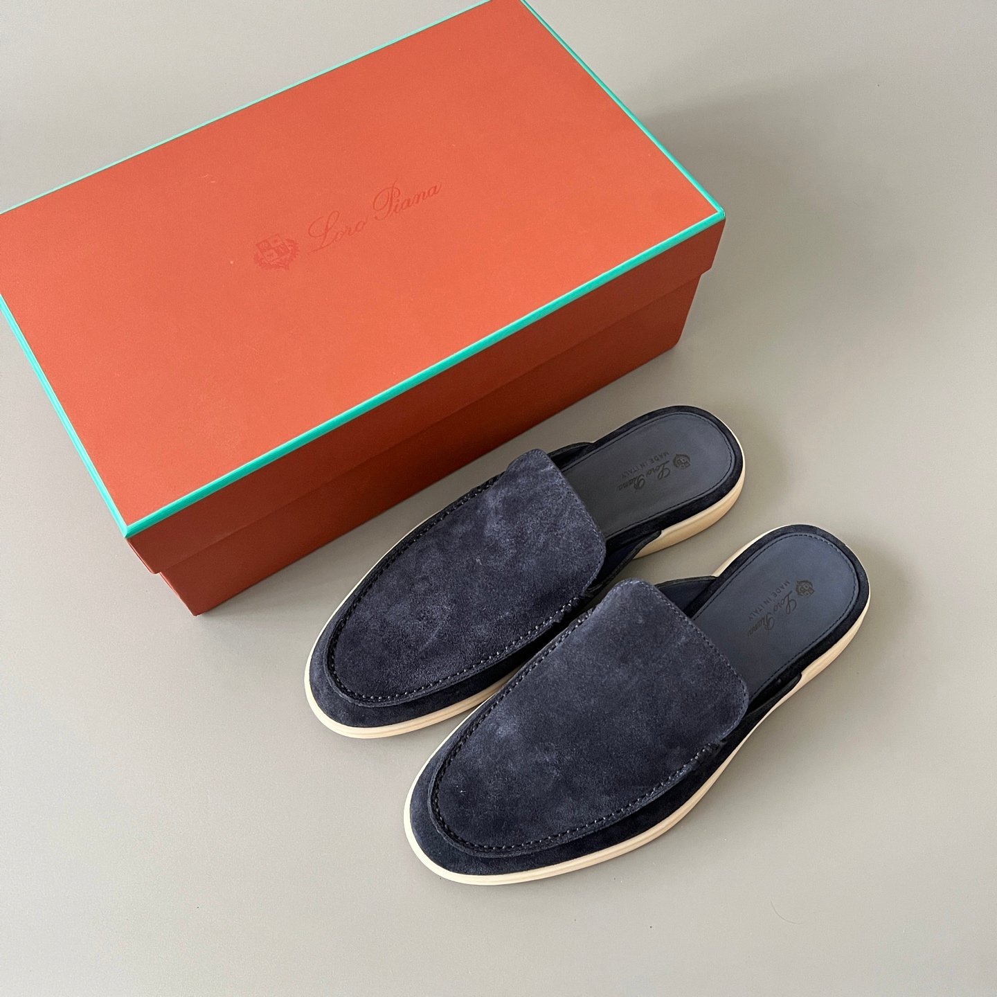 Aurora Custom Loro Piana Mainline Summer Walk Backless Loafer Mule - Premium Deep Navy Suede & Iconic White Rubber Sole Edition - Image 9