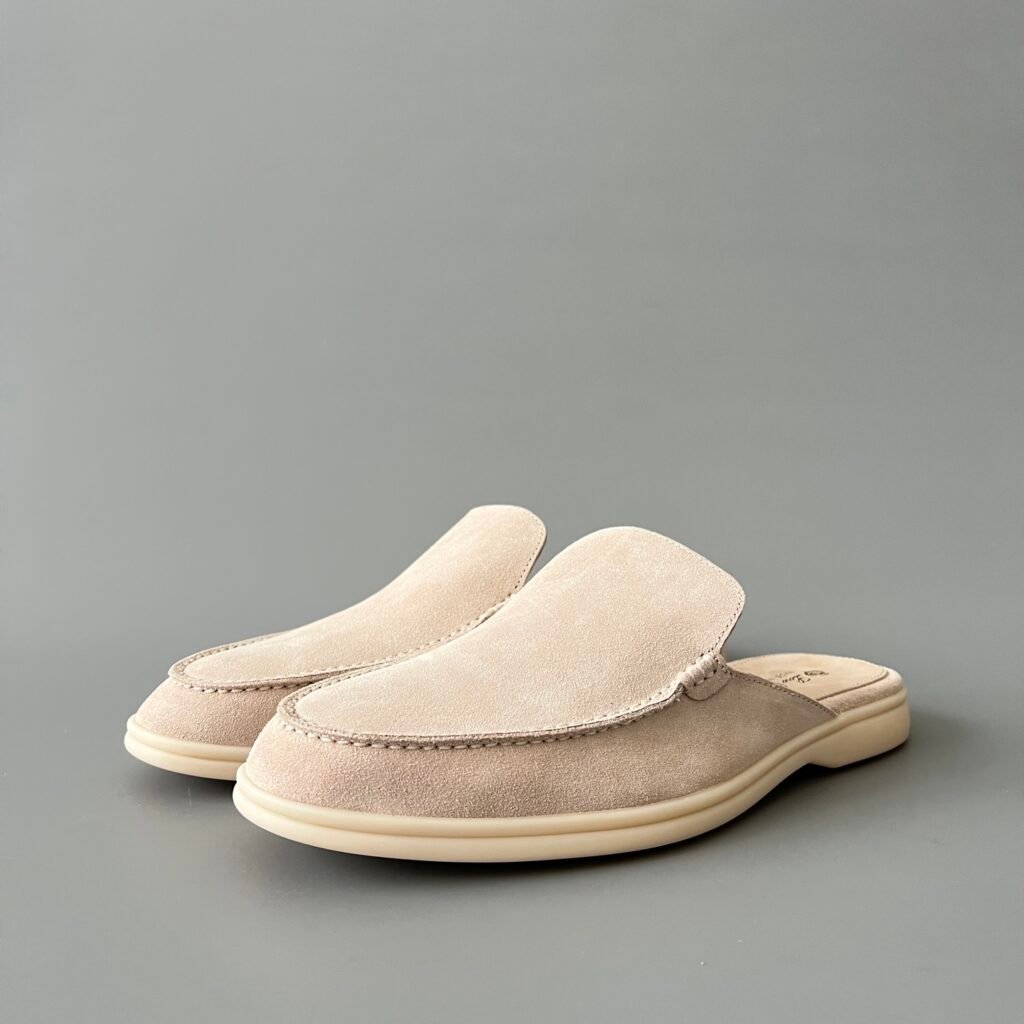 Aurora Custom Loro Piana Mainline Summer Walk Backless Loafer Mule - Premium Pearl Sand Suede & Iconic White Rubber Sole Edition