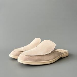 Aurora Custom Loro Piana Mainline Summer Walk Backless Loafer Mule - Premium Pearl Sand Suede & Iconic White Rubber Sole Edition