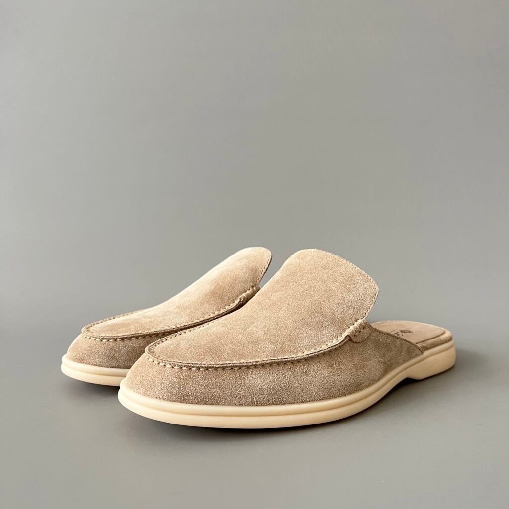 Aurora Custom Loro Piana Mainline Summer Walk Backless Loafer Mule - Premium Dark Sand Suede & Iconic White Rubber Sole Edition