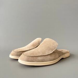 Aurora Custom Loro Piana Mainline Summer Walk Backless Loafer Mule - Premium Dark Sand Suede & Iconic White Rubber Sole Edition