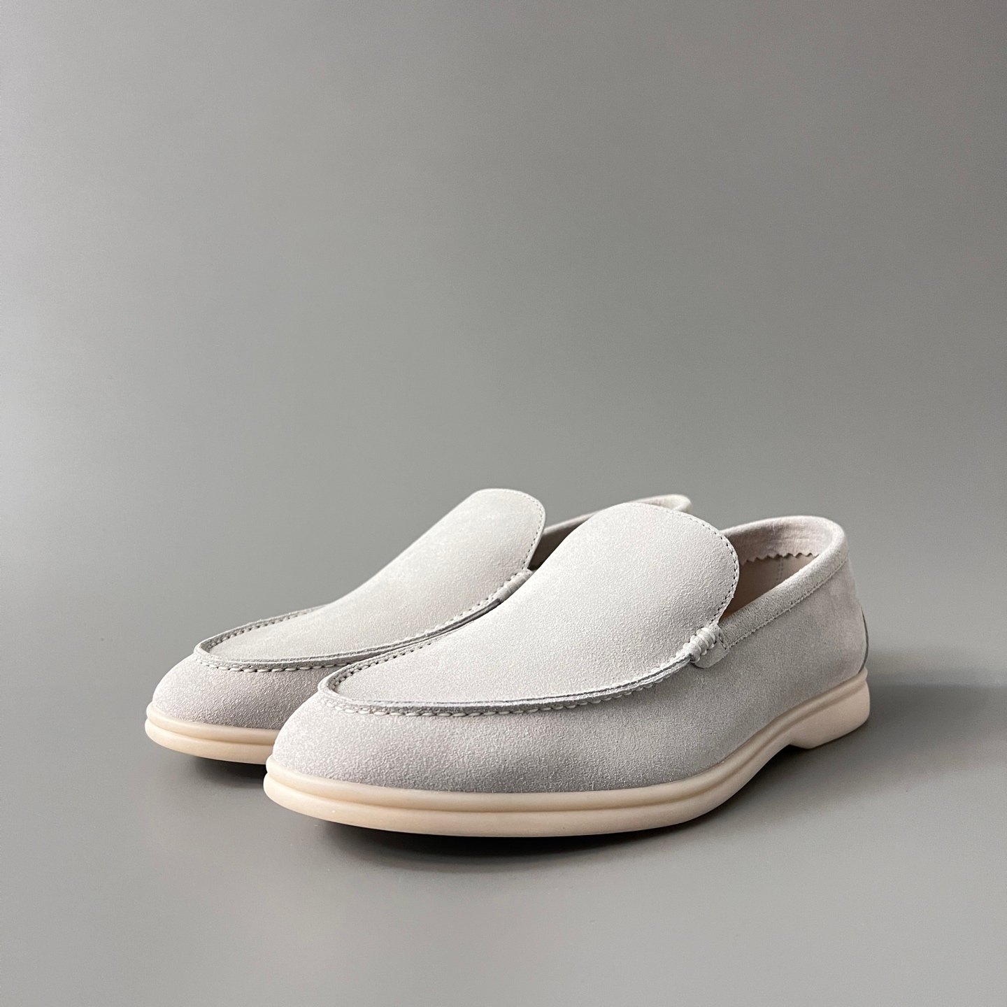 Aurora Custom Loro Piana Mainline Summer Walk Loafer - Premium Stone Grey Suede & Iconic White Rubber Sole Edition