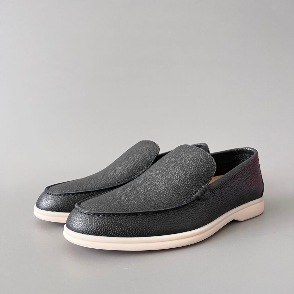 Aurora Custom Loro Piana Mainline Summer Walk Loafer - Premium Black Grained Leather & Iconic White Rubber Sole Edition