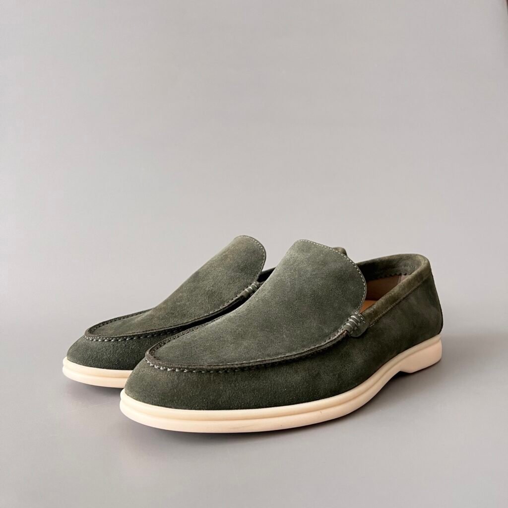 Aurora Custom Loro Piana Mainline Summer Walk Loafer - Premium Olive Green Suede & Iconic White Rubber Sole Edition