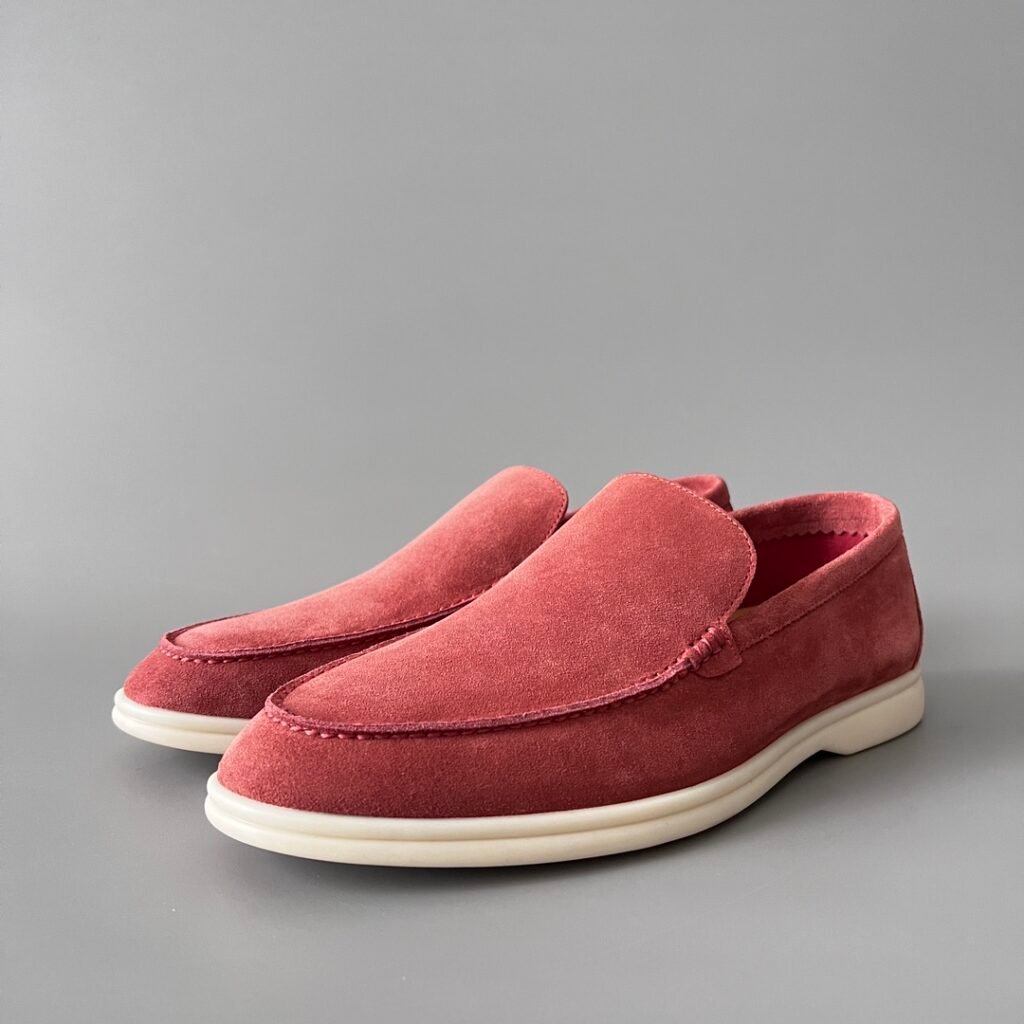 Aurora Custom Loro Piana Mainline Summer Walk Loafer - Premium Berry Rose Red Suede & Iconic White Rubber Sole Edition