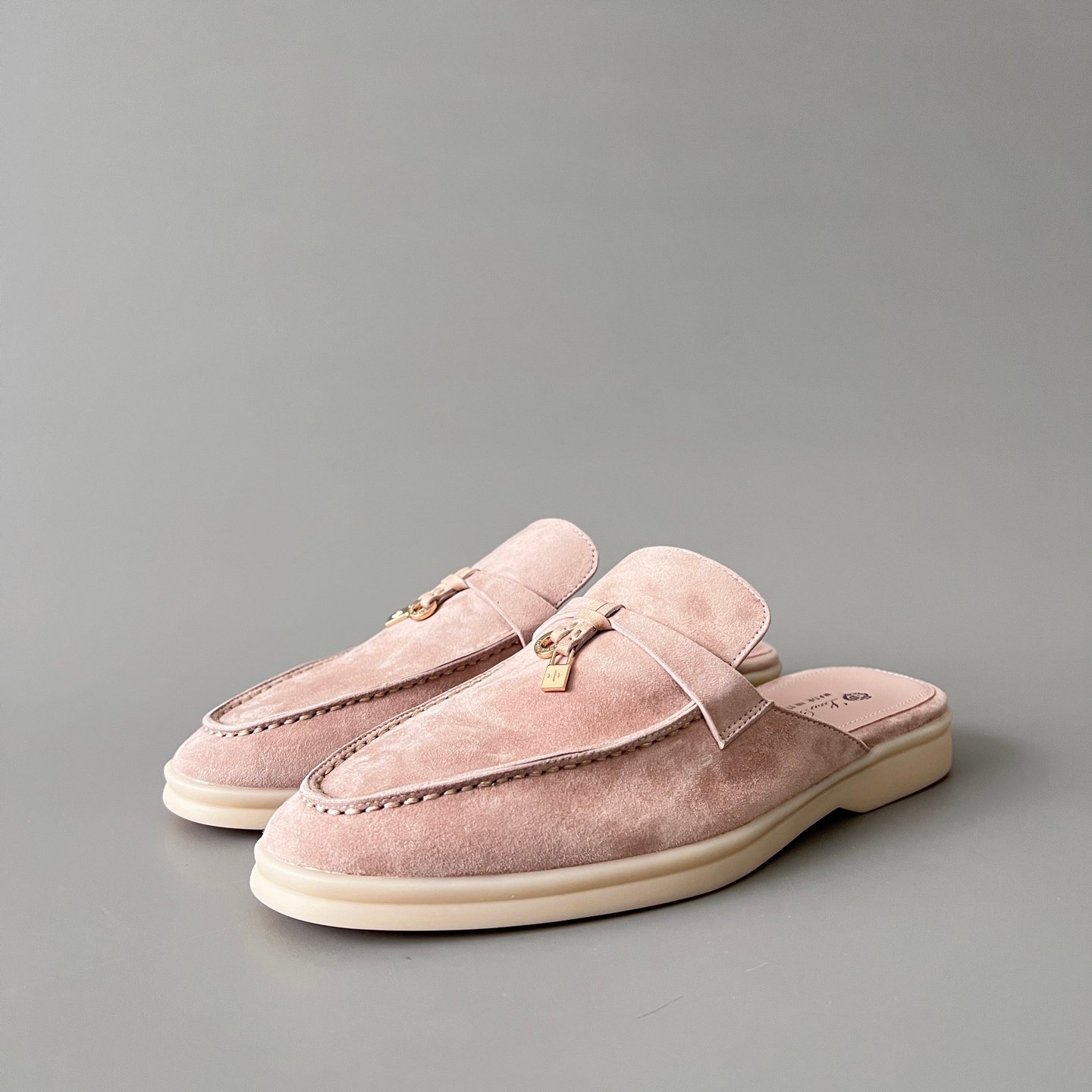 Aurora Custom Loro Piana Classic Summer Charms Walk Mule - Blossom Pink Suede with Gold Hardware Edition (Women's Edition)
