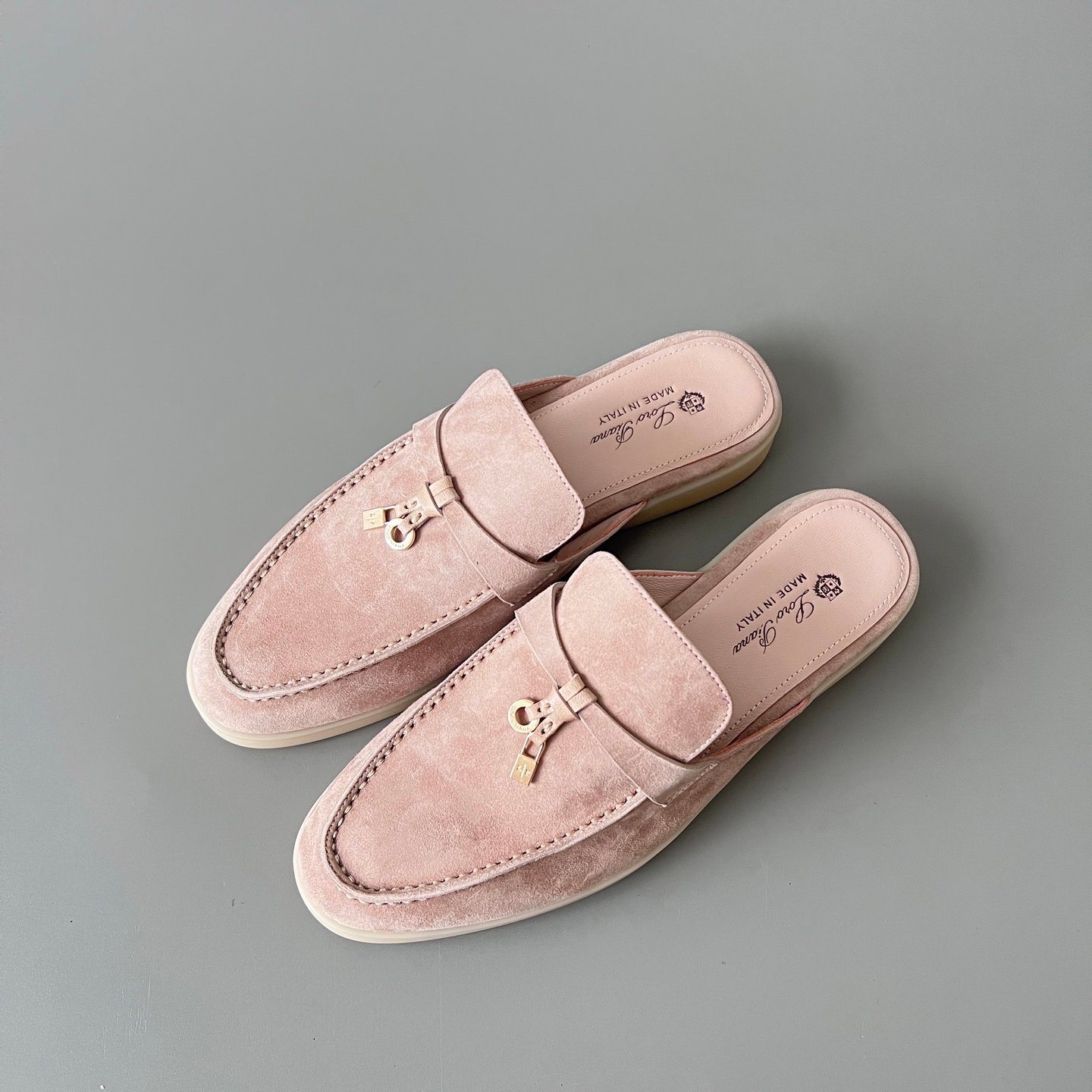 Aurora Custom Loro Piana Classic Summer Charms Walk Mule - Blossom Pink Suede with Gold Hardware Edition (Women's Edition) - Image 8