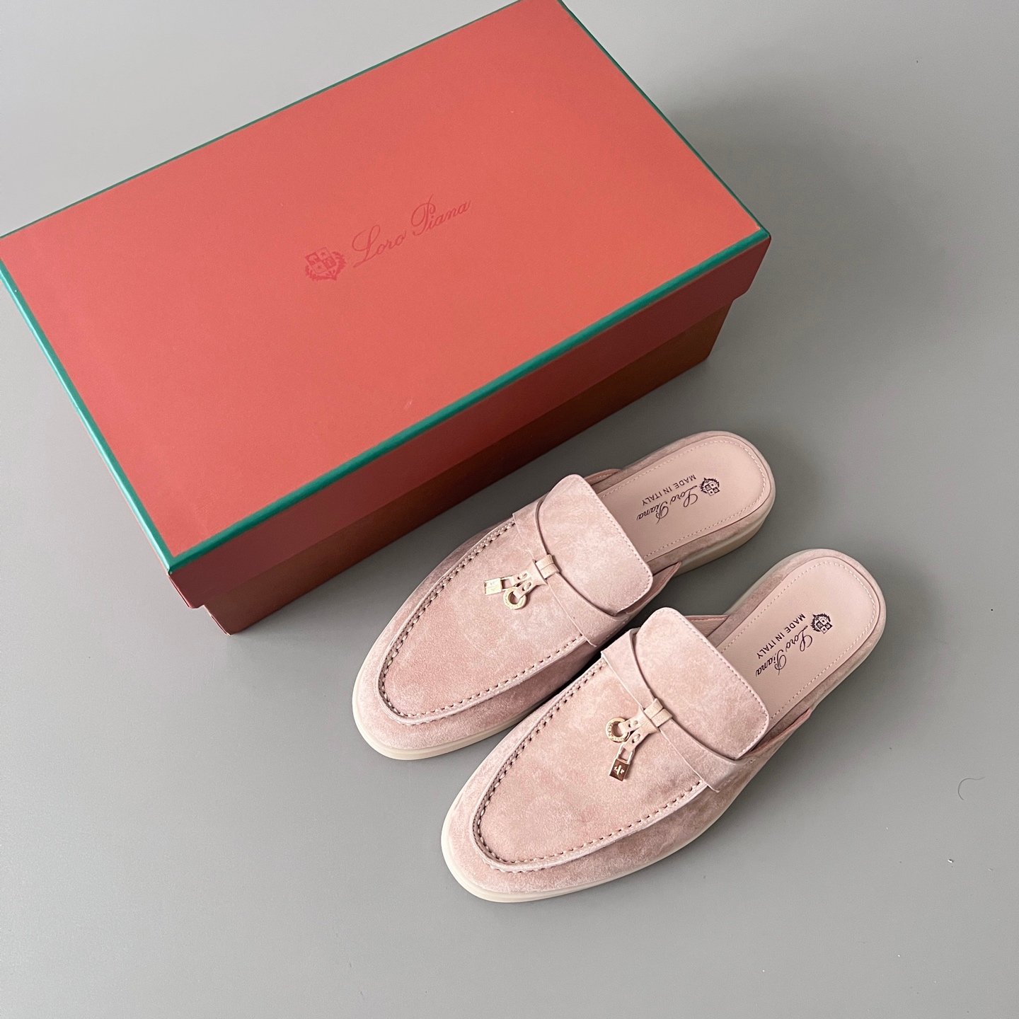 Aurora Custom Loro Piana Classic Summer Charms Walk Mule - Blossom Pink Suede with Gold Hardware Edition (Women's Edition) - Image 9