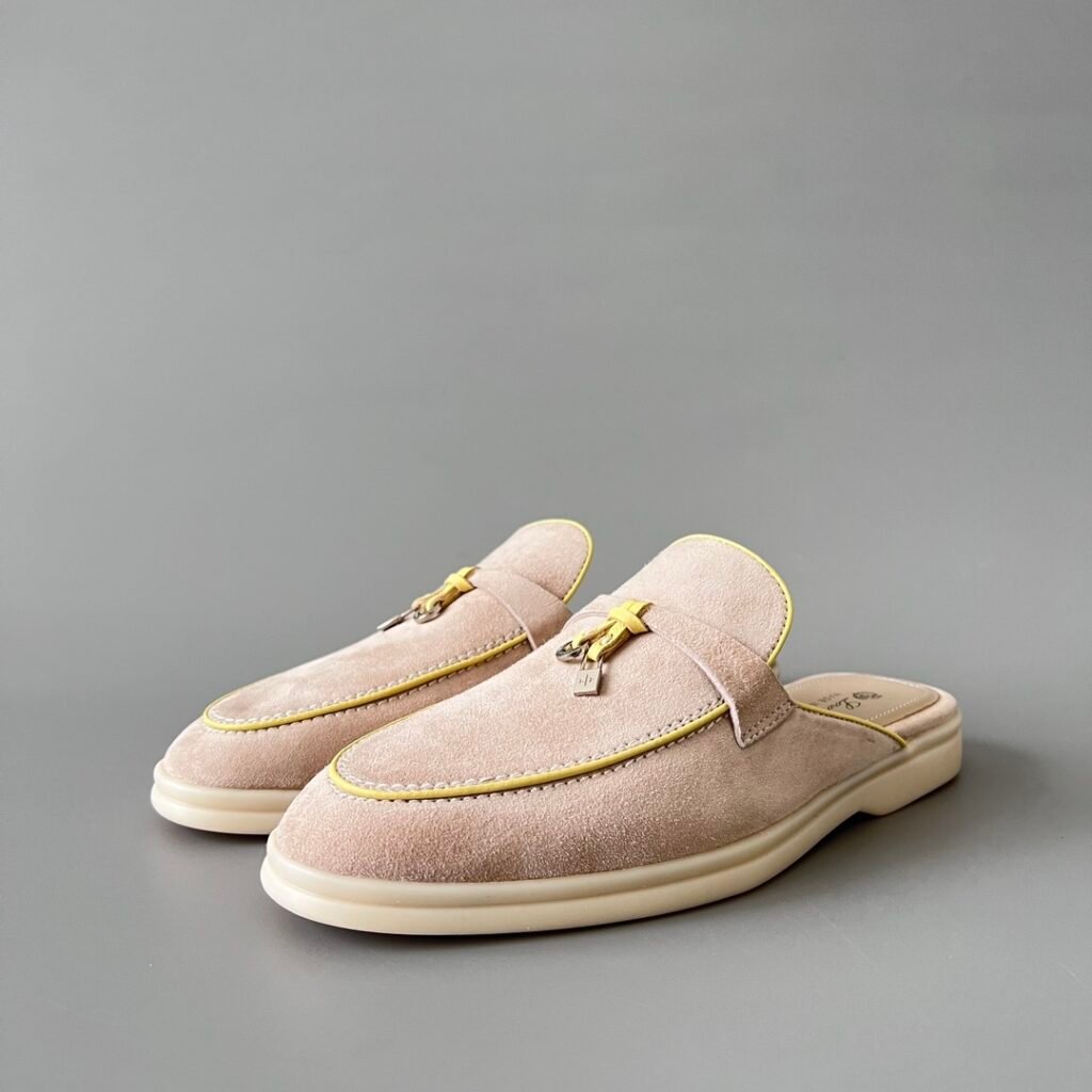 Aurora Custom Loro Piana Classic Summer Charms Walk Mule - Oatmeal Beige Suede with Lemon Yellow Contrast Piping (Women's Edition)