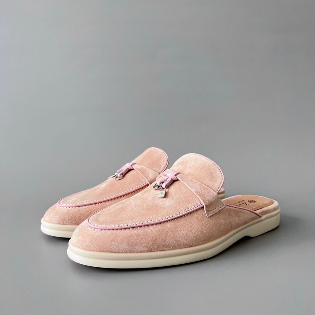Aurora Custom Loro Piana Classic Summer Charms Walk Mule - Blossom Pink Suede with Pink Contrast Piping (Women's Edition)