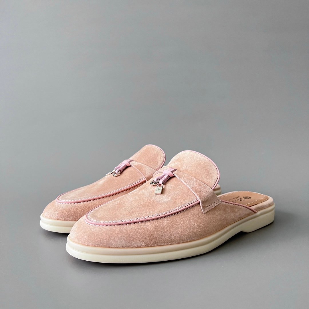 Aurora Custom Loro Piana Classic Summer Charms Walk Mule - Blossom Pink Suede with Pink Contrast Piping (Women's Edition)