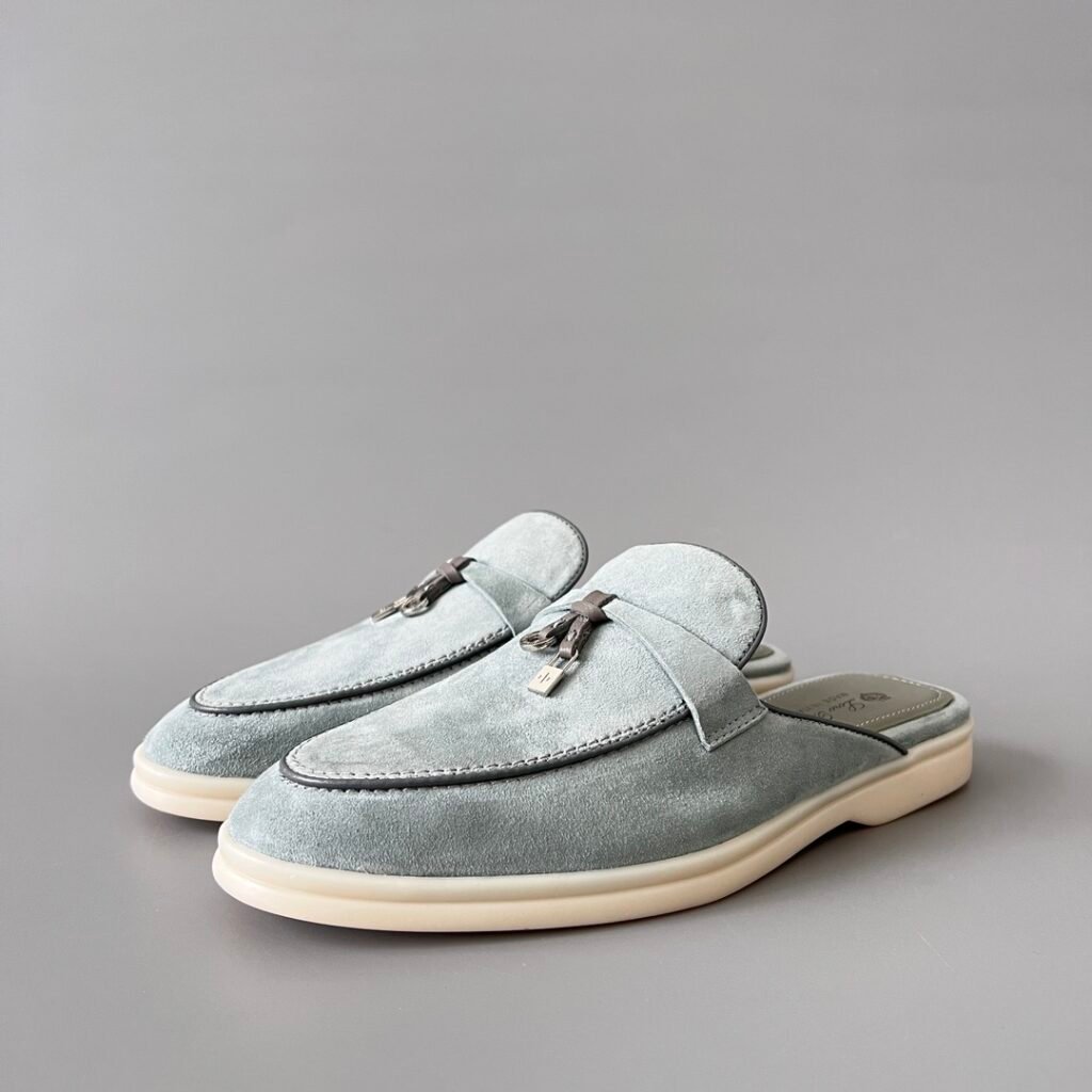 Aurora Custom Loro Piana Classic Summer Charms Walk Mule - Glacier Blue Suede with Charcoal Contrast Piping (Women's Edition)
