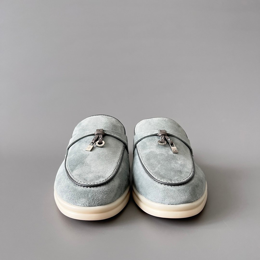 Aurora Custom Loro Piana Classic Summer Charms Walk Mule - Glacier Blue Suede with Charcoal Contrast Piping (Women's Edition) - Image 2
