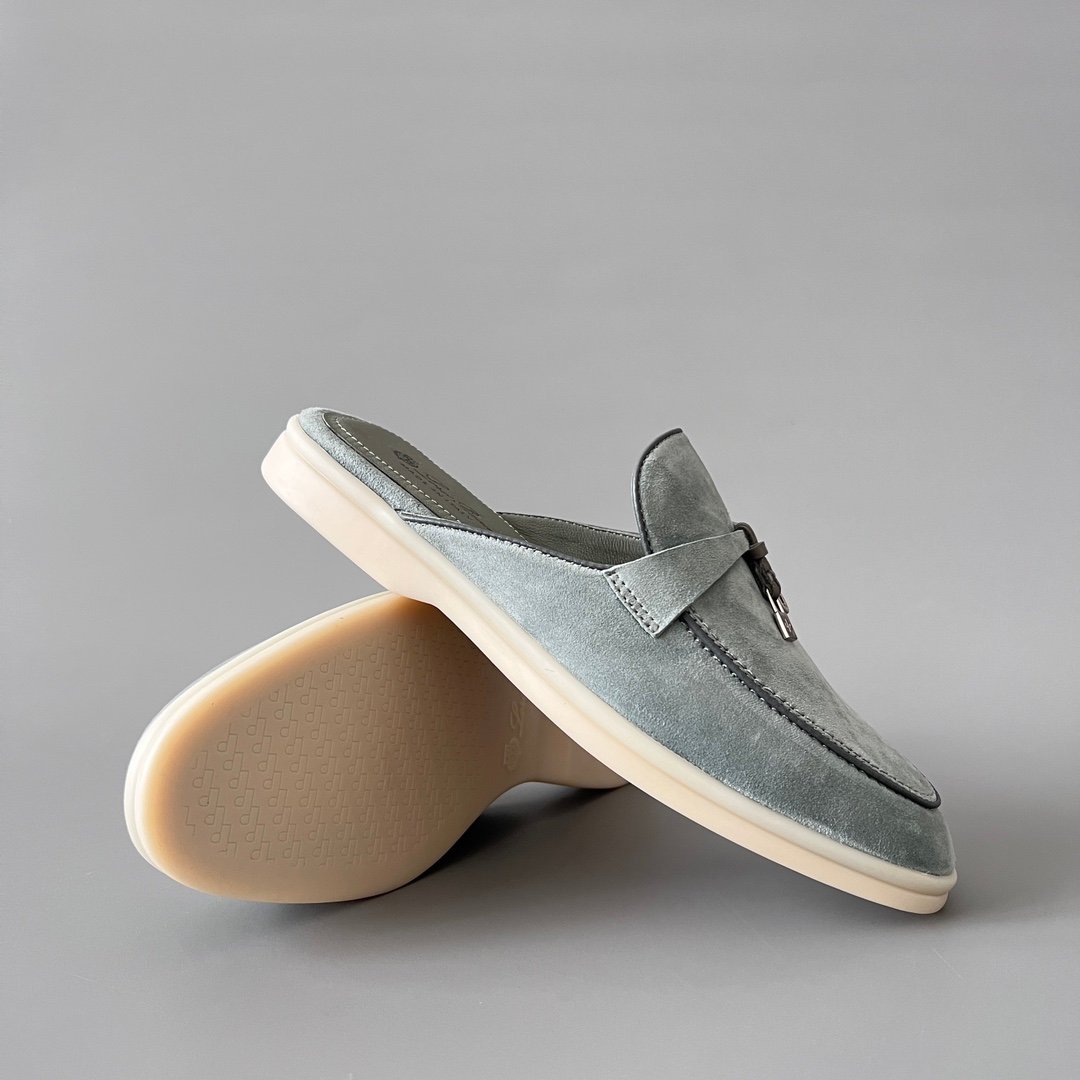 Aurora Custom Loro Piana Classic Summer Charms Walk Mule - Glacier Blue Suede with Charcoal Contrast Piping (Women's Edition) - Image 7