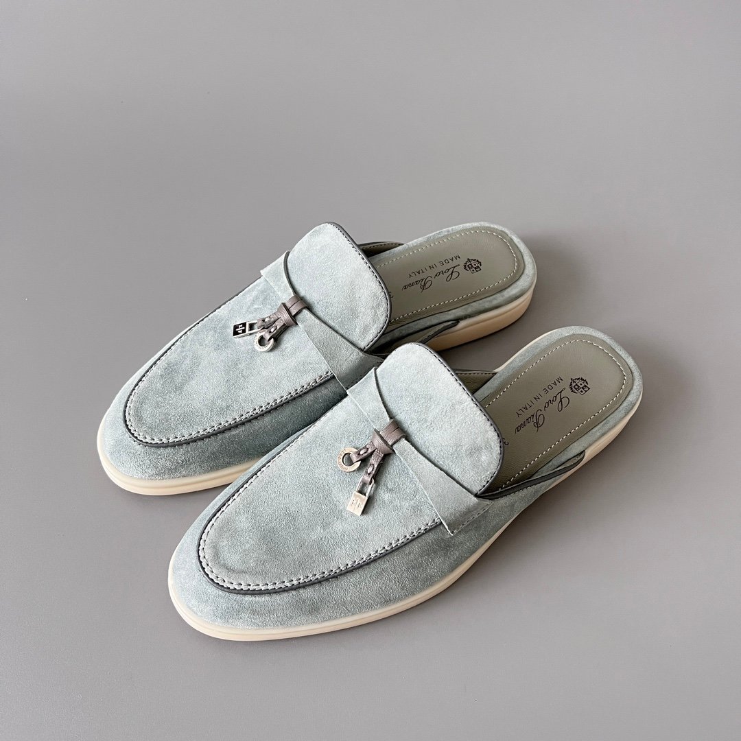Aurora Custom Loro Piana Classic Summer Charms Walk Mule - Glacier Blue Suede with Charcoal Contrast Piping (Women's Edition) - Image 8