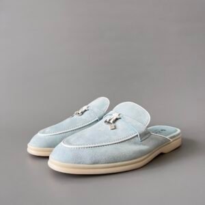 Aurora Custom Loro Piana Classic Summer Charms Walk Mule - Glacier Blue Suede with White Contrast Piping (Women's Edition)
