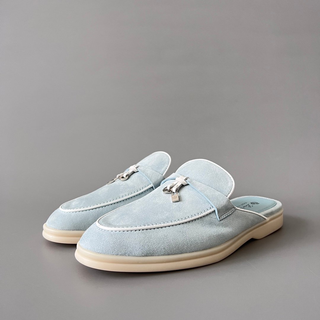 Aurora Custom Loro Piana Classic Summer Charms Walk Mule - Glacier Blue Suede with White Contrast Piping (Women's Edition)